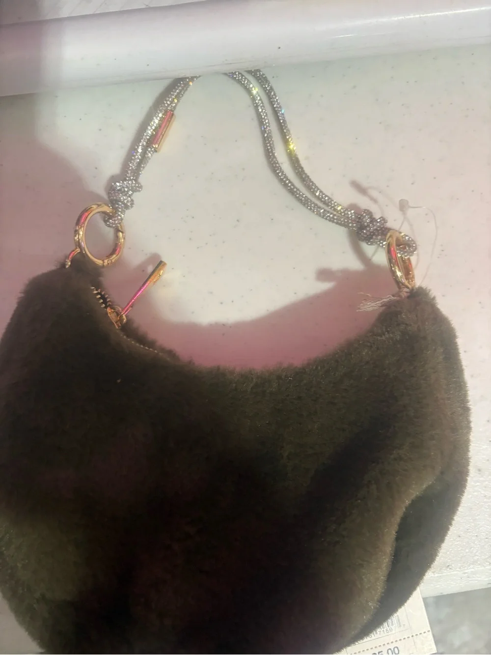 Faux Fur Crescent Shoulder Bag - Olive Green